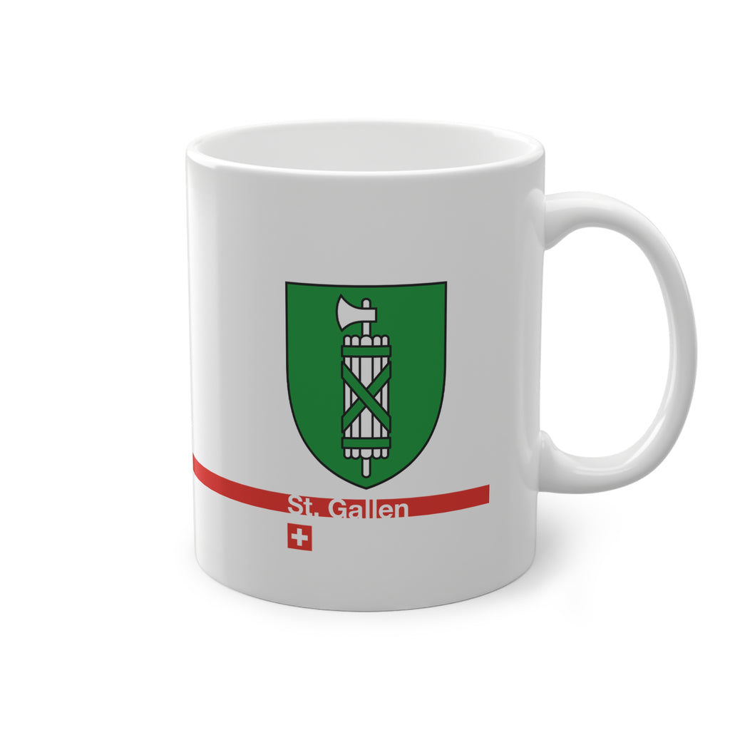 White ceramic mug featuring the green and silver Canton of St. Gallen coat of arms (fasces), a modern red horizontal line with 'St. Gallen' text, and a small Swiss cross below.