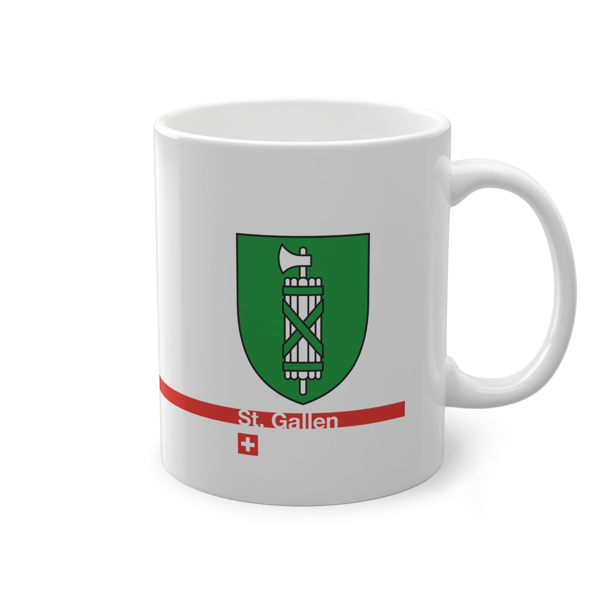 White ceramic mug featuring the green and silver Canton of St. Gallen coat of arms (fasces), a modern red horizontal line with 'St. Gallen' text, and a small Swiss cross below.