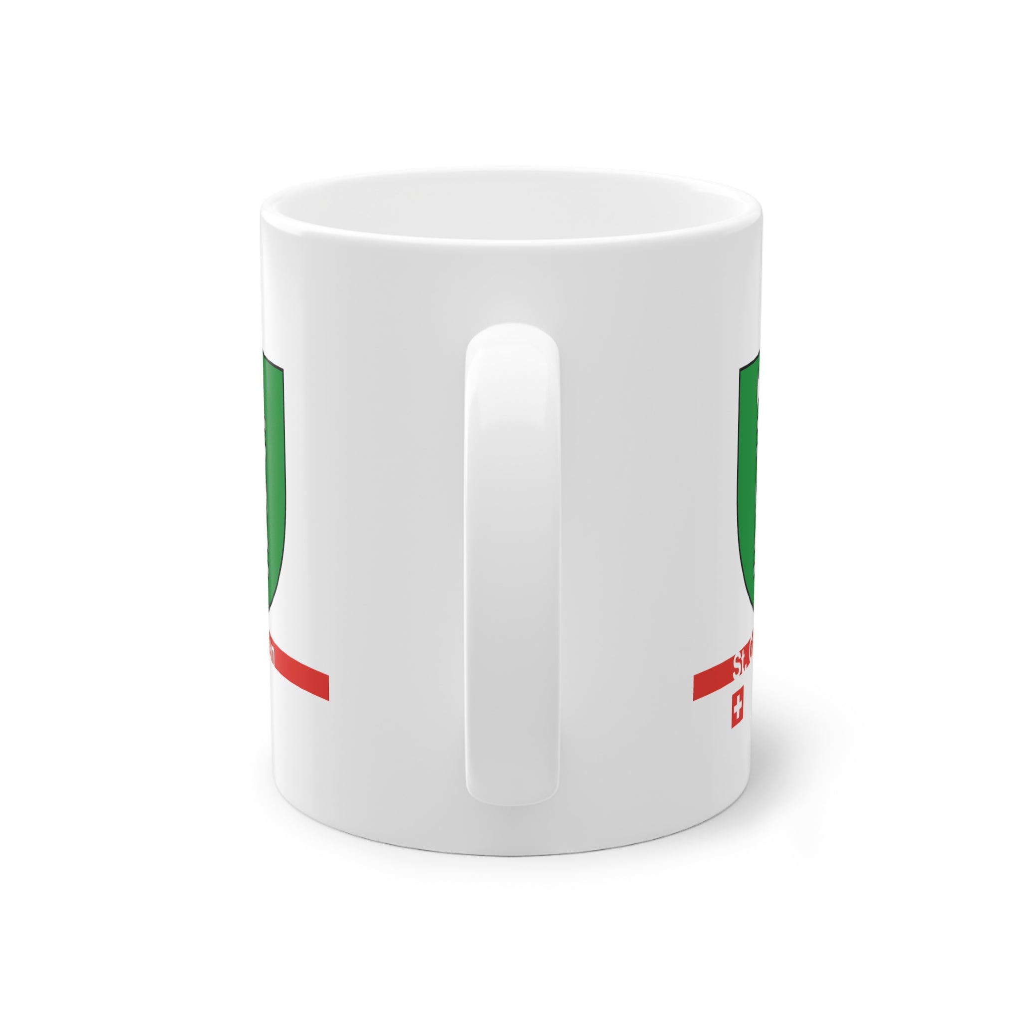White ceramic mug featuring the green and silver Canton of St. Gallen coat of arms (fasces), a modern red horizontal line with 'St. Gallen' text, and a small Swiss cross below.