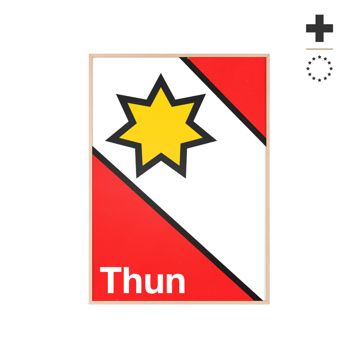 Minimalist framed poster of the Thun coat of arms featuring a yellow star on red and white diagonal fields, displayed in a natural wood frame on a console table.