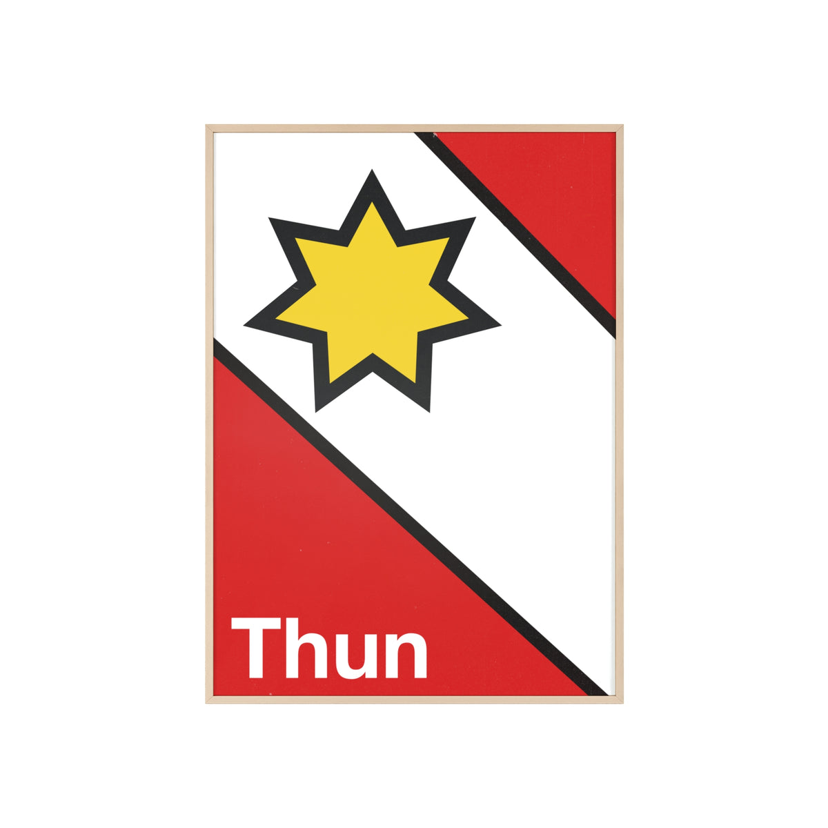 Minimalist framed poster of the Thun coat of arms featuring a yellow star on red and white diagonal fields, displayed in a natural wood frame on a console table.