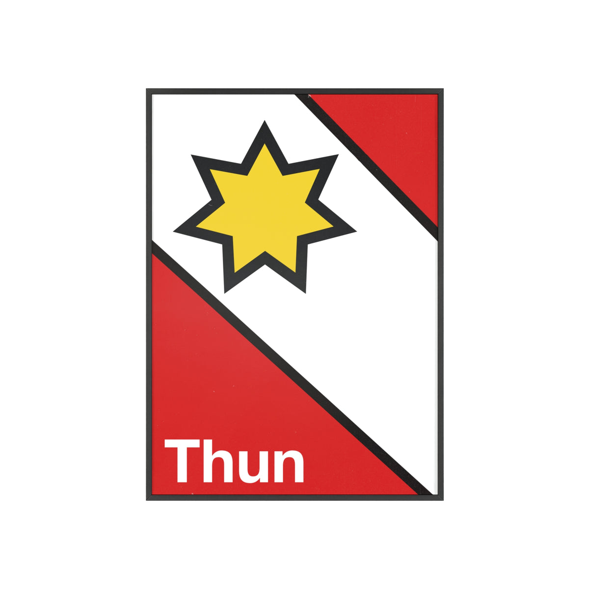 Minimalist framed poster of the Thun coat of arms featuring a yellow star on red and white diagonal fields, displayed in a natural wood frame on a console table.