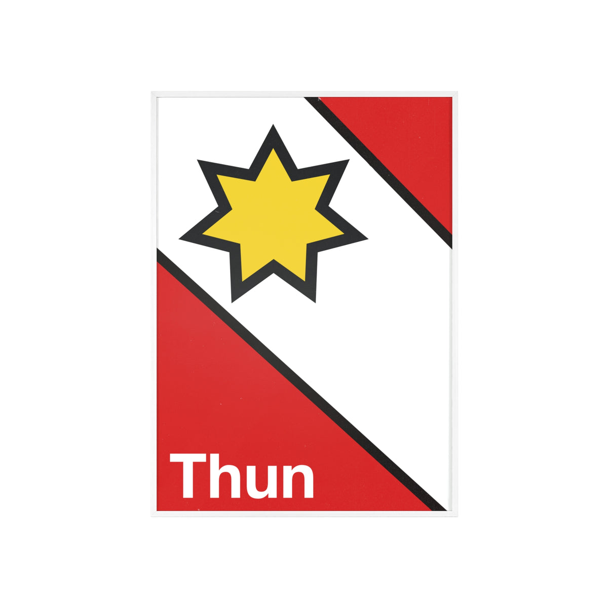 Minimalist framed poster of the Thun coat of arms featuring a yellow star on red and white diagonal fields, displayed in a natural wood frame on a console table.