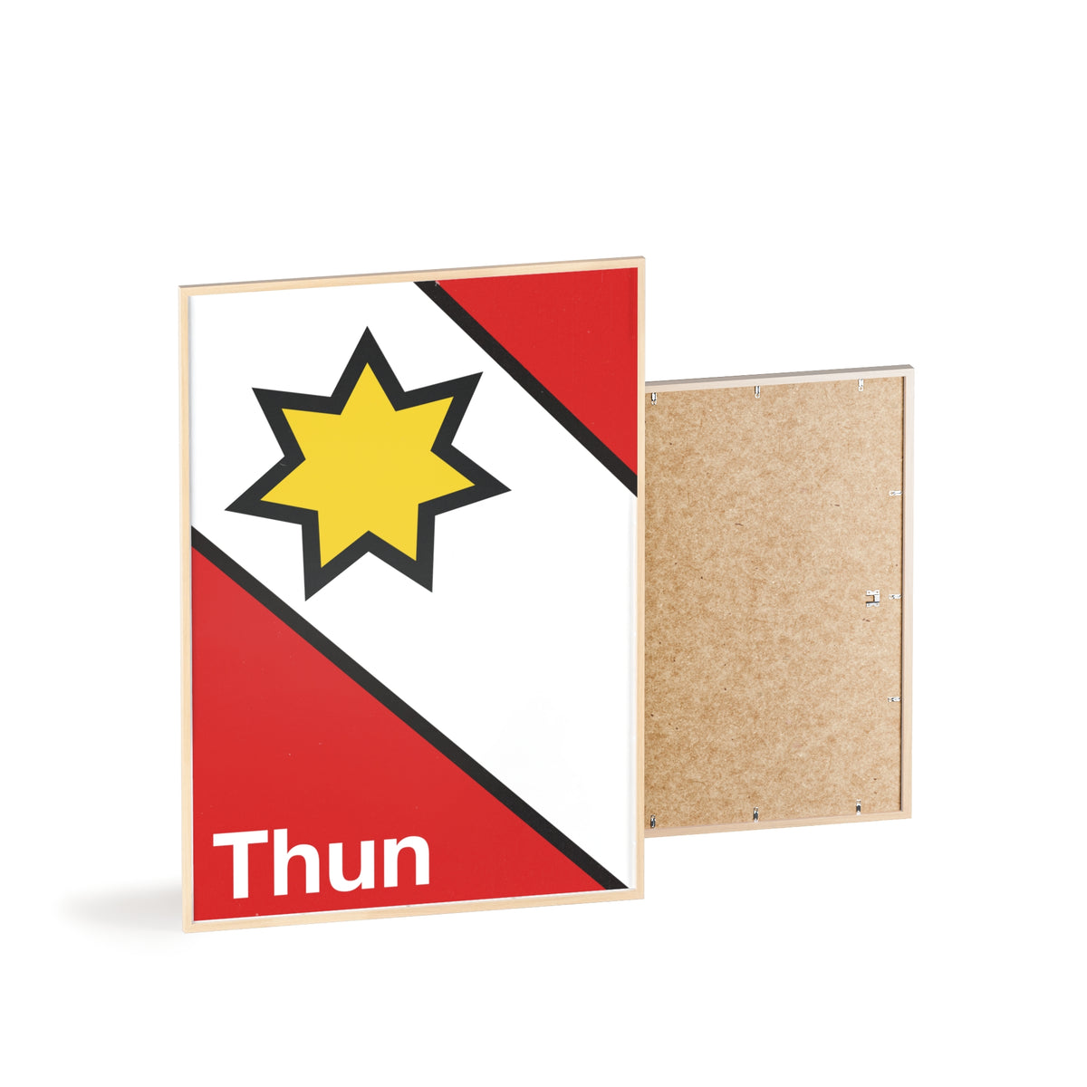 Minimalist framed poster of the Thun coat of arms featuring a yellow star on red and white diagonal fields, displayed in a natural wood frame on a console table.