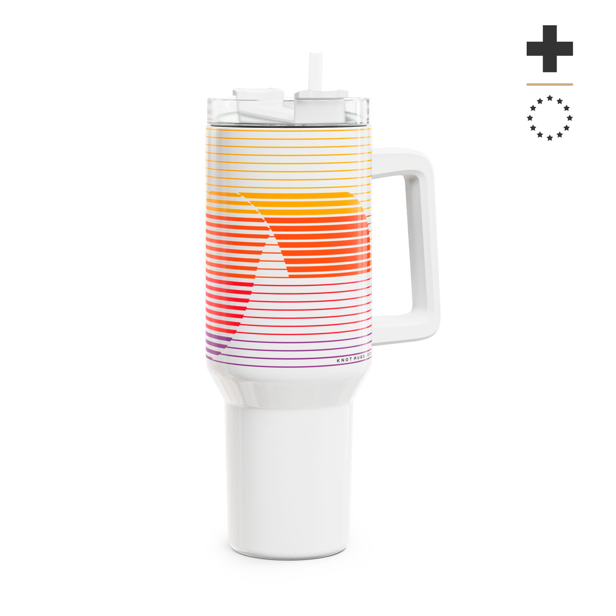 40oz stainless steel travel tumbler with handle and straw, featuring a glossy white base and a retro linear sunset gradient print in yellow, red, and purple.