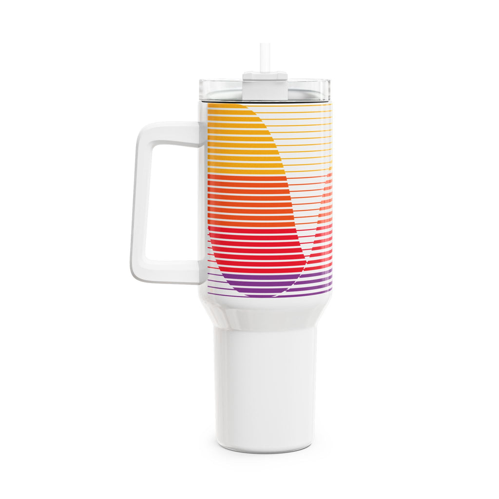 40oz stainless steel travel tumbler with handle and straw, featuring a glossy white base and a retro linear sunset gradient print in yellow, red, and purple.