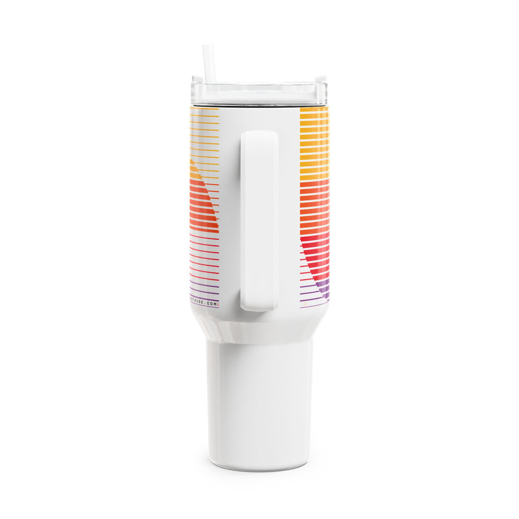 40oz stainless steel travel tumbler with handle and straw, featuring a glossy white base and a retro linear sunset gradient print in yellow, red, and purple.