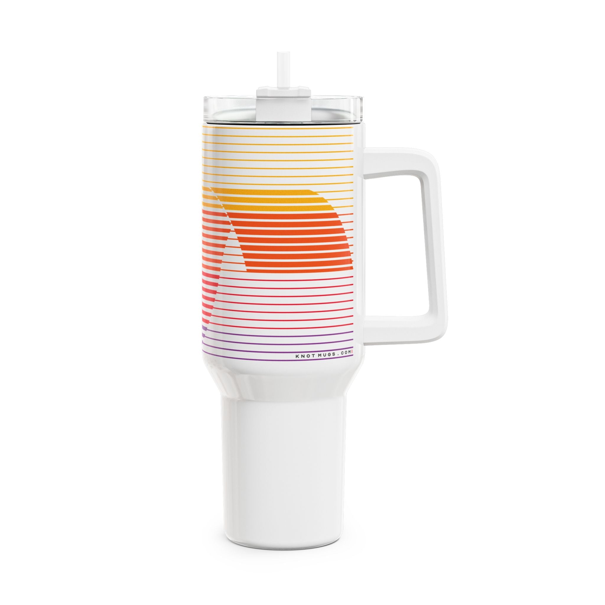 40oz stainless steel travel tumbler with handle and straw, featuring a glossy white base and a retro linear sunset gradient print in yellow, red, and purple.