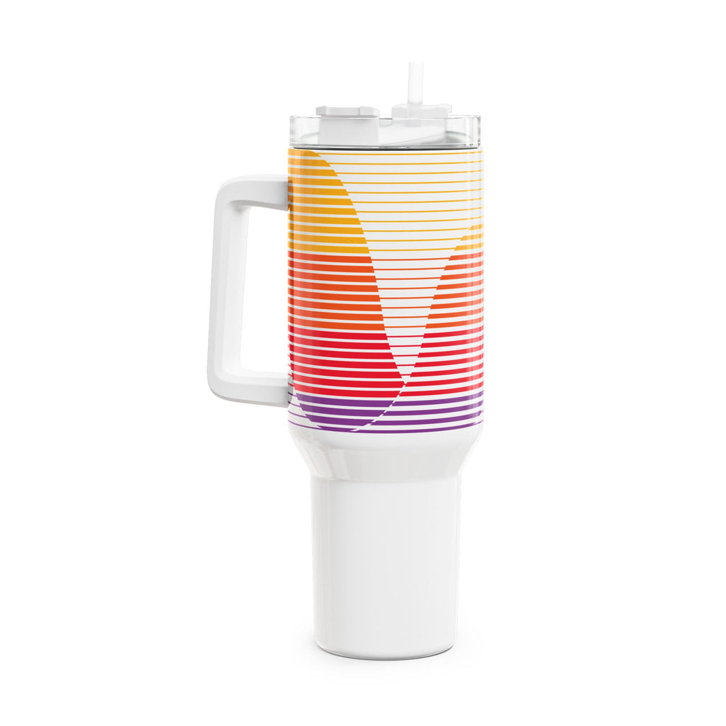 40oz stainless steel travel tumbler with handle and straw, featuring a glossy white base and a retro linear sunset gradient print in yellow, red, and purple.