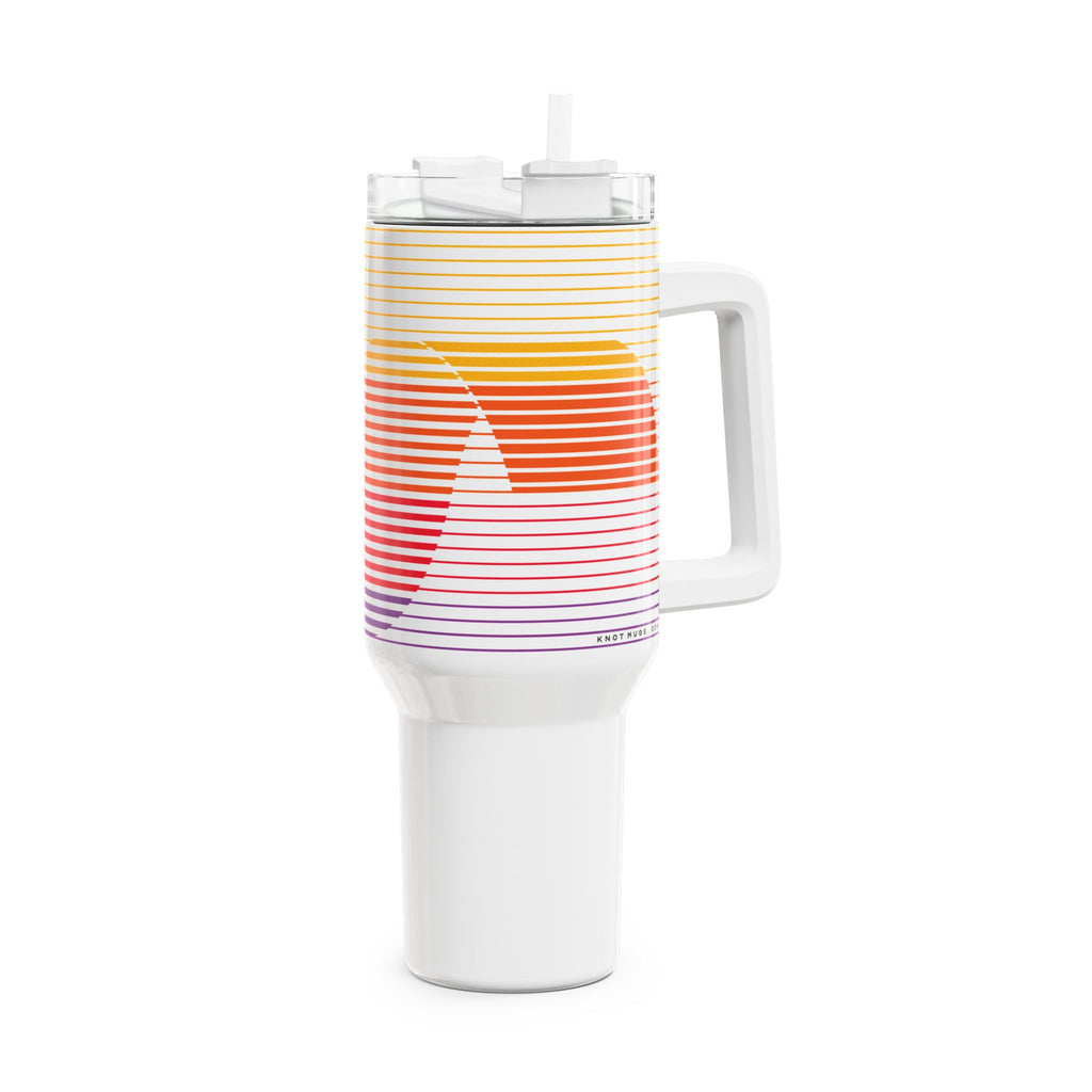 40oz stainless steel travel tumbler with handle and straw, featuring a glossy white base and a retro linear sunset gradient print in yellow, red, and purple.