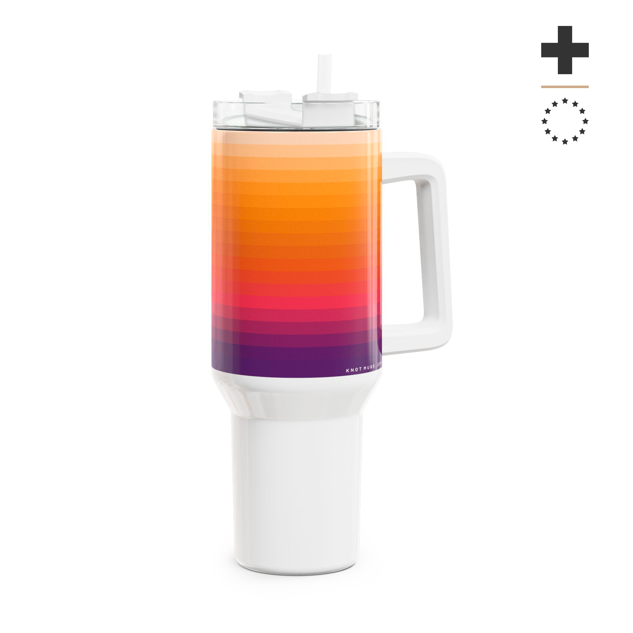 40oz stainless steel travel tumbler with white base, comfort handle, straw lid, and horizontal colorblock gradient stripes from violet to warm peach with a small Swiss cross detail.