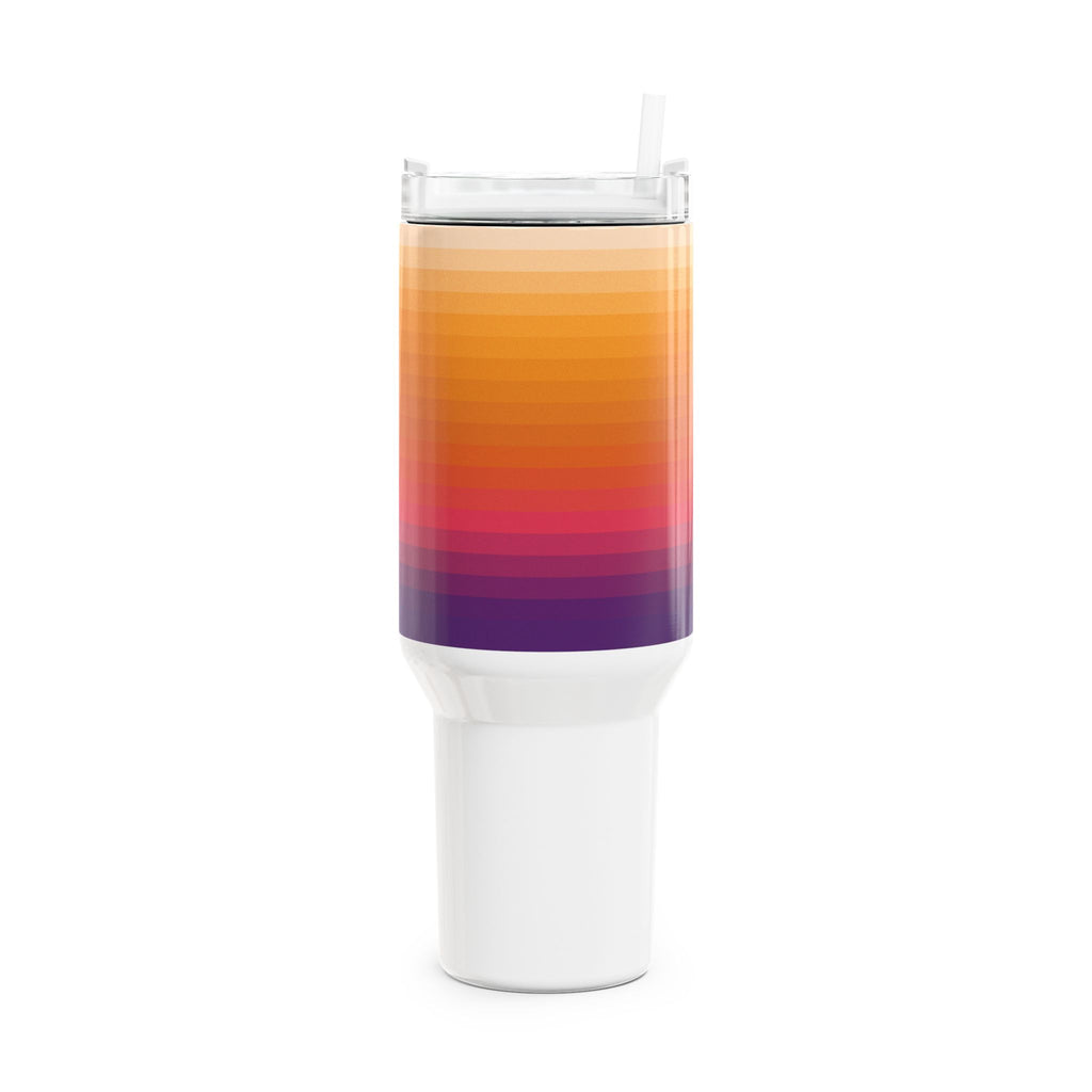 40oz stainless steel travel tumbler with white base, comfort handle, straw lid, and horizontal colorblock gradient stripes from violet to warm peach with a small Swiss cross detail.
