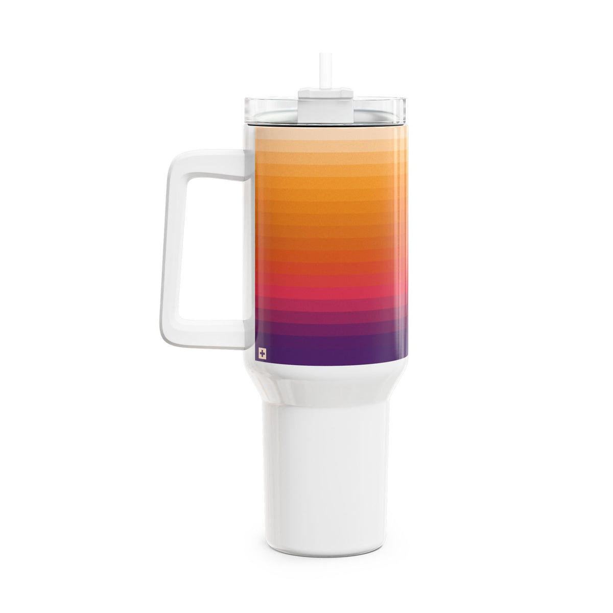 40oz stainless steel travel tumbler with white base, comfort handle, straw lid, and horizontal colorblock gradient stripes from violet to warm peach with a small Swiss cross detail.