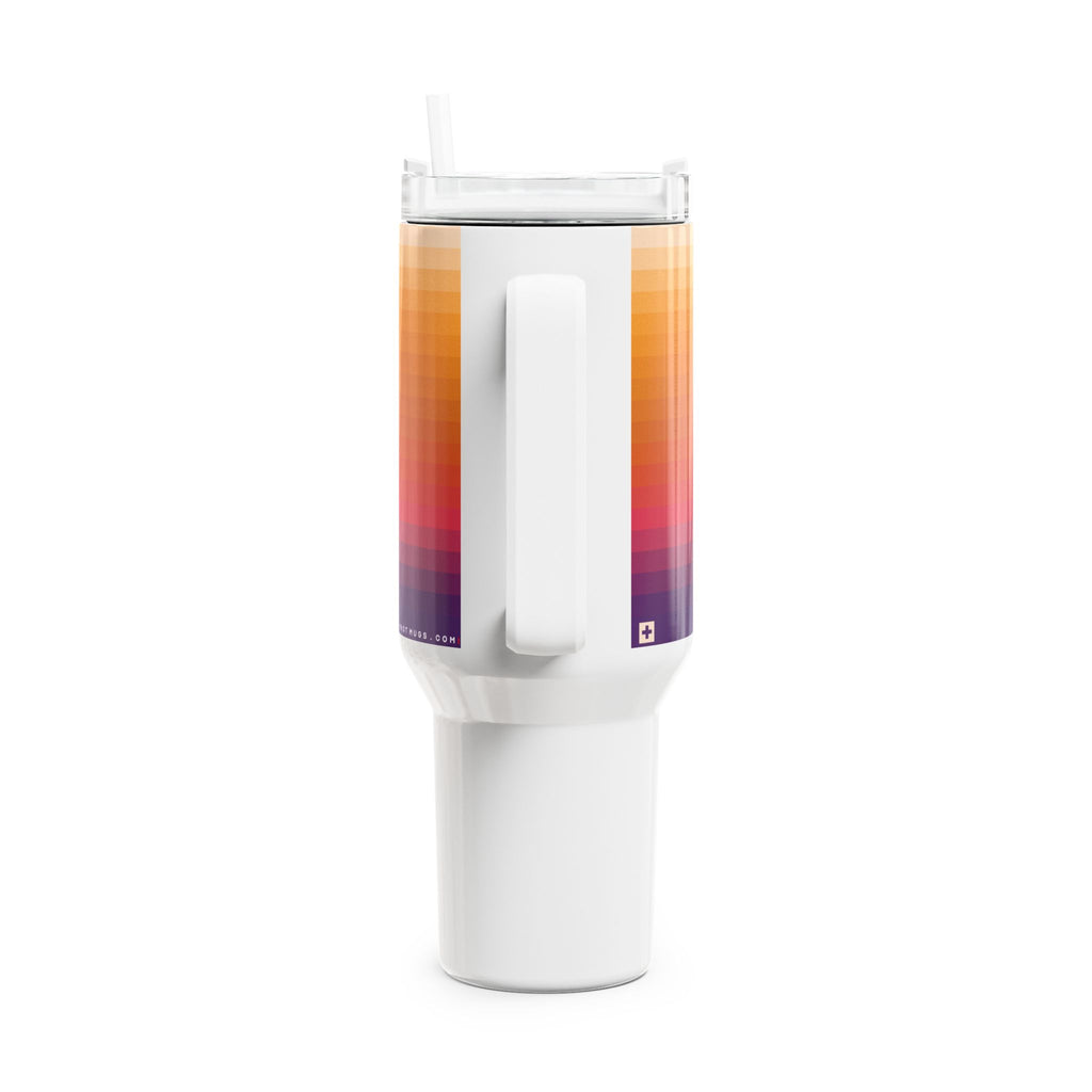 40oz stainless steel travel tumbler with white base, comfort handle, straw lid, and horizontal colorblock gradient stripes from violet to warm peach with a small Swiss cross detail.