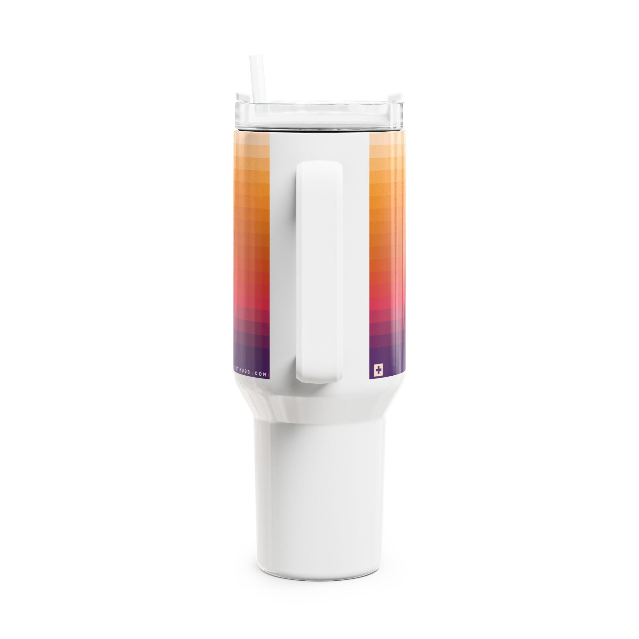 40oz stainless steel travel tumbler with white base, comfort handle, straw lid, and horizontal colorblock gradient stripes from violet to warm peach with a small Swiss cross detail.