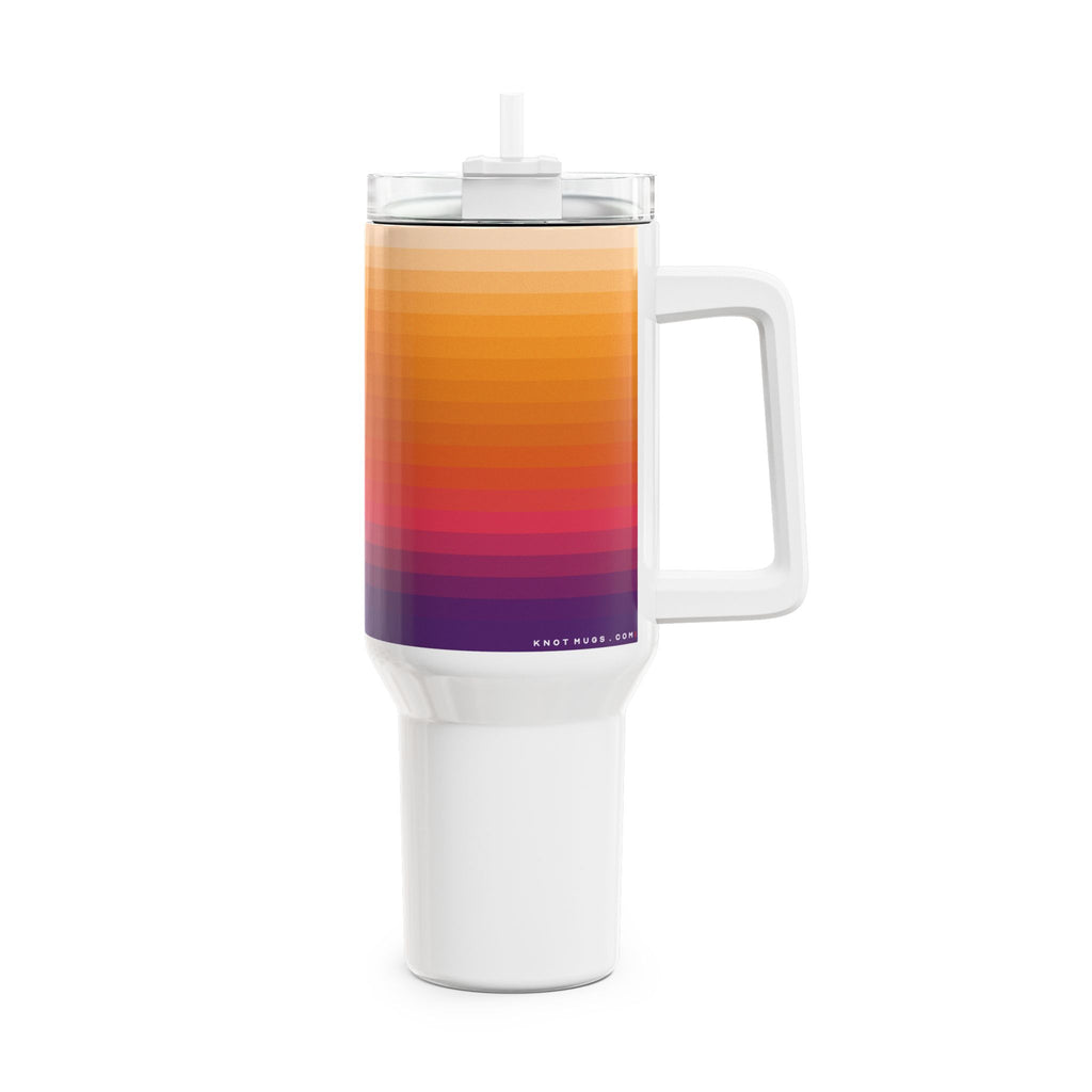 40oz stainless steel travel tumbler with white base, comfort handle, straw lid, and horizontal colorblock gradient stripes from violet to warm peach with a small Swiss cross detail.