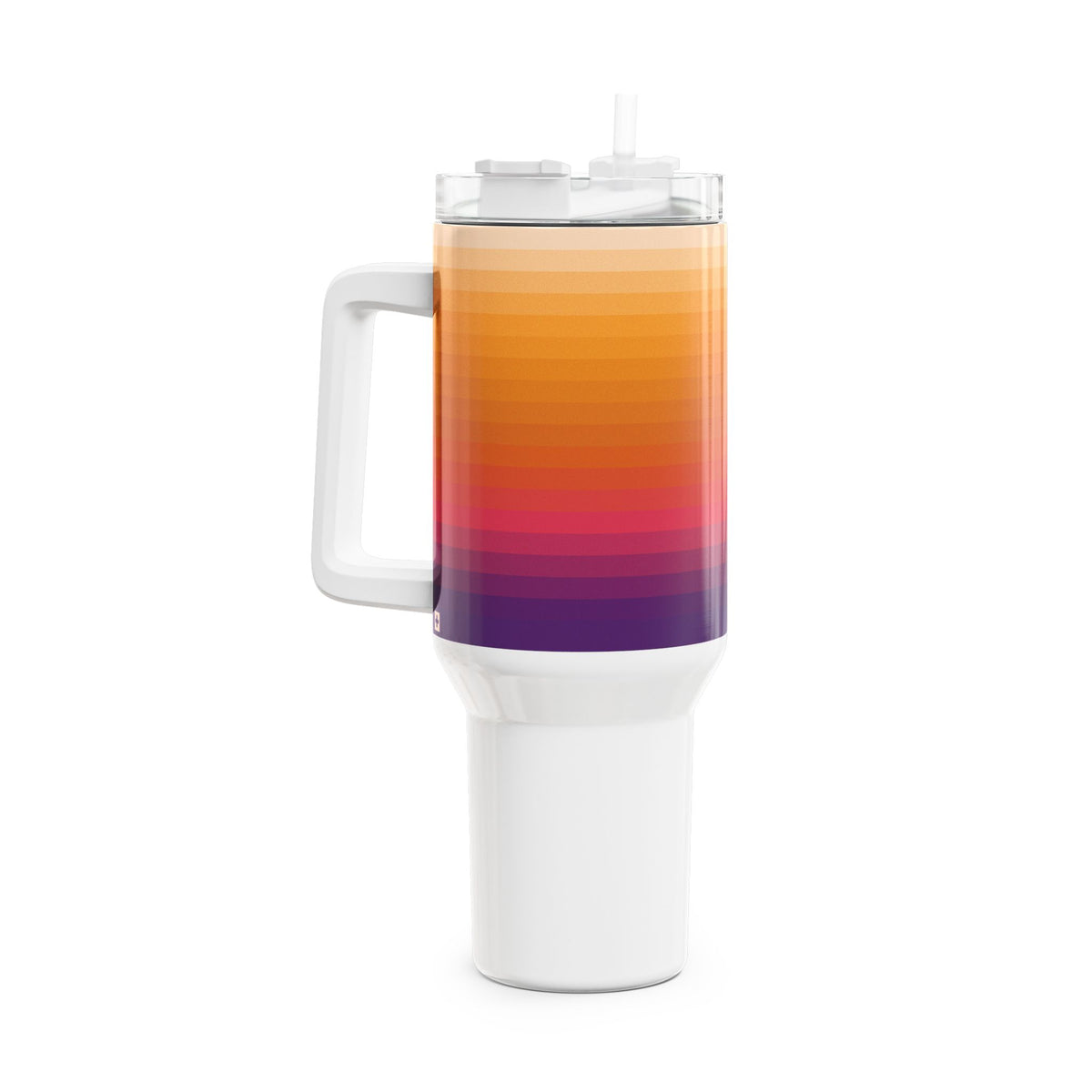 40oz stainless steel travel tumbler with white base, comfort handle, straw lid, and horizontal colorblock gradient stripes from violet to warm peach with a small Swiss cross detail.