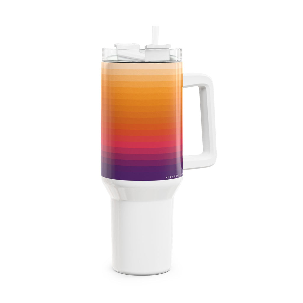 40oz stainless steel travel tumbler with white base, comfort handle, straw lid, and horizontal colorblock gradient stripes from violet to warm peach with a small Swiss cross detail.
