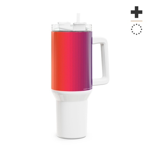 40oz stainless steel travel tumbler with handle and straw, featuring a glossy vertical sunset gradient from purple to orange with black stripes and a small Swiss cross detail.