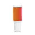 40oz stainless steel travel tumbler with handle and straw, featuring a glossy vertical sunset gradient from purple to orange with black stripes and a small Swiss cross detail.