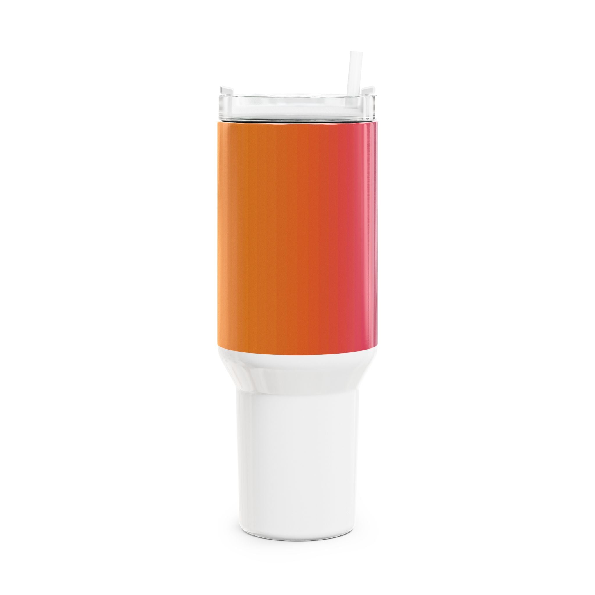 40oz stainless steel travel tumbler with handle and straw, featuring a glossy vertical sunset gradient from purple to orange with black stripes and a small Swiss cross detail.