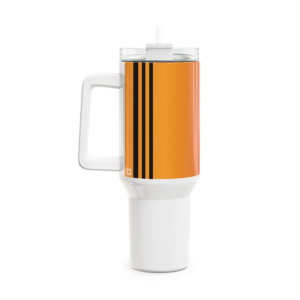40oz stainless steel travel tumbler with handle and straw, featuring a glossy vertical sunset gradient from purple to orange with black stripes and a small Swiss cross detail.