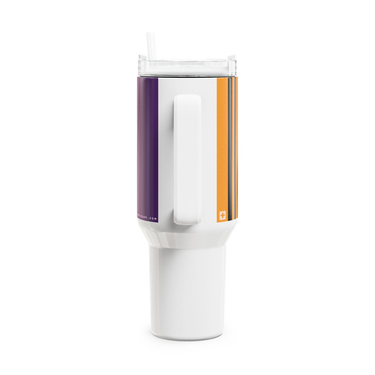 40oz stainless steel travel tumbler with handle and straw, featuring a glossy vertical sunset gradient from purple to orange with black stripes and a small Swiss cross detail.