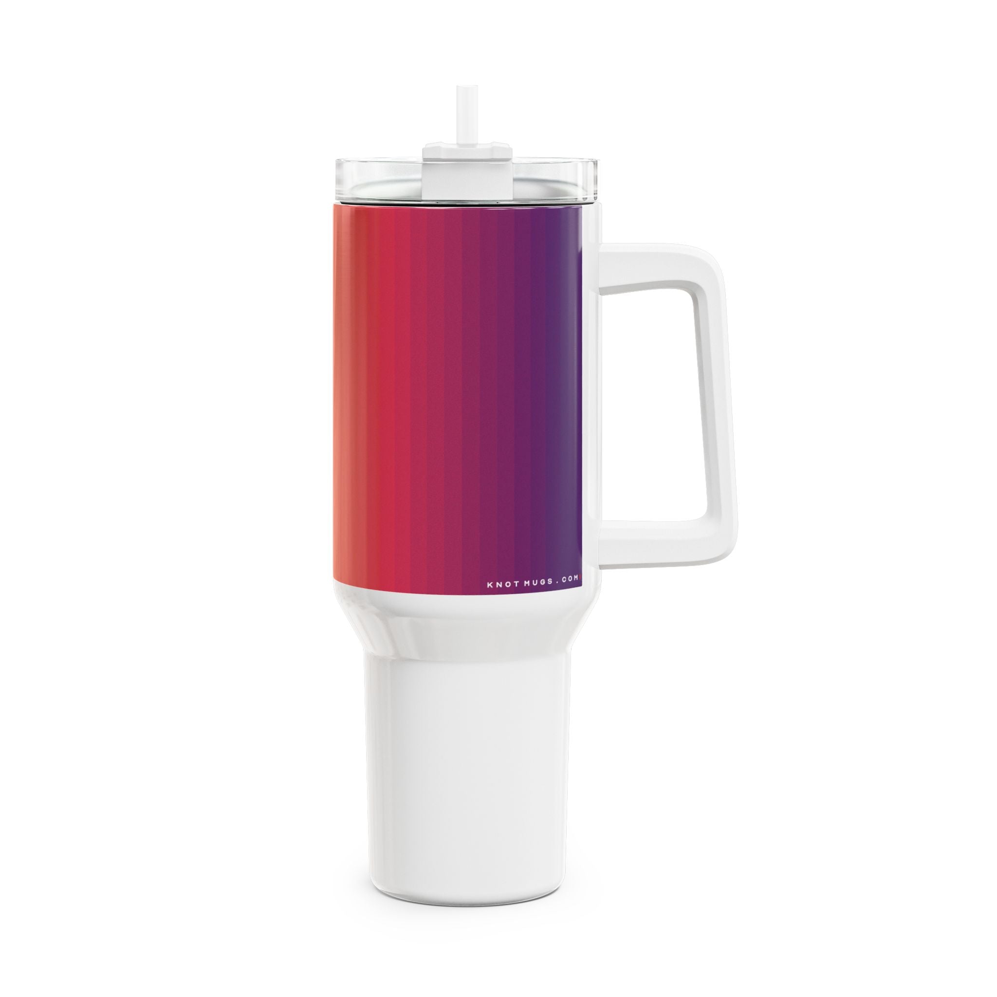 40oz stainless steel travel tumbler with handle and straw, featuring a glossy vertical sunset gradient from purple to orange with black stripes and a small Swiss cross detail.