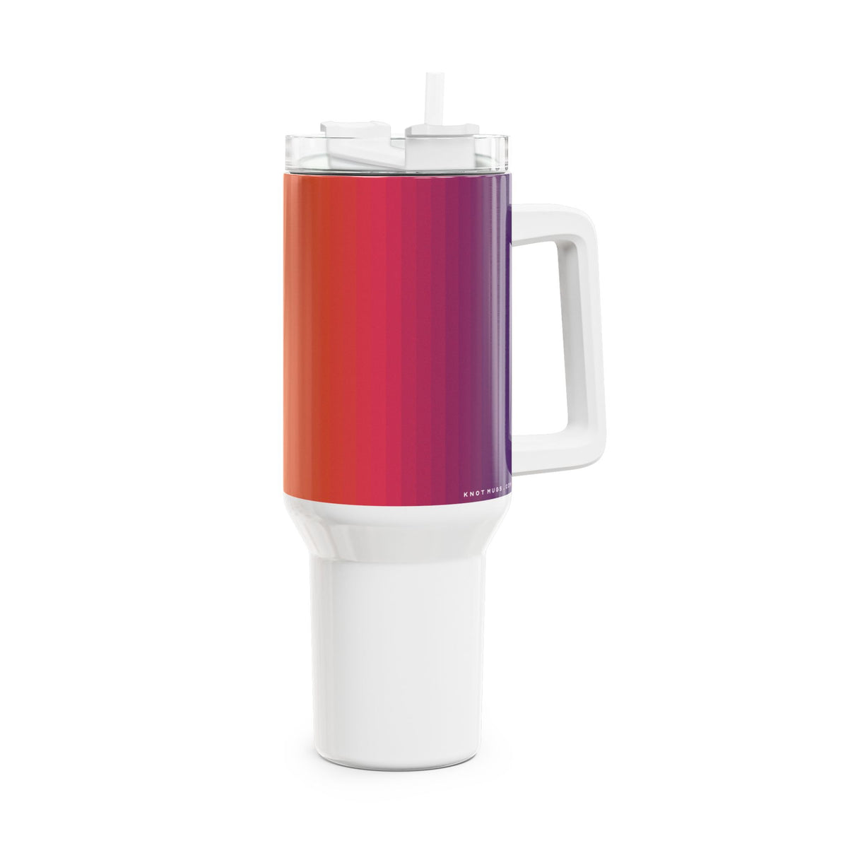 40oz stainless steel travel tumbler with handle and straw, featuring a glossy vertical sunset gradient from purple to orange with black stripes and a small Swiss cross detail.