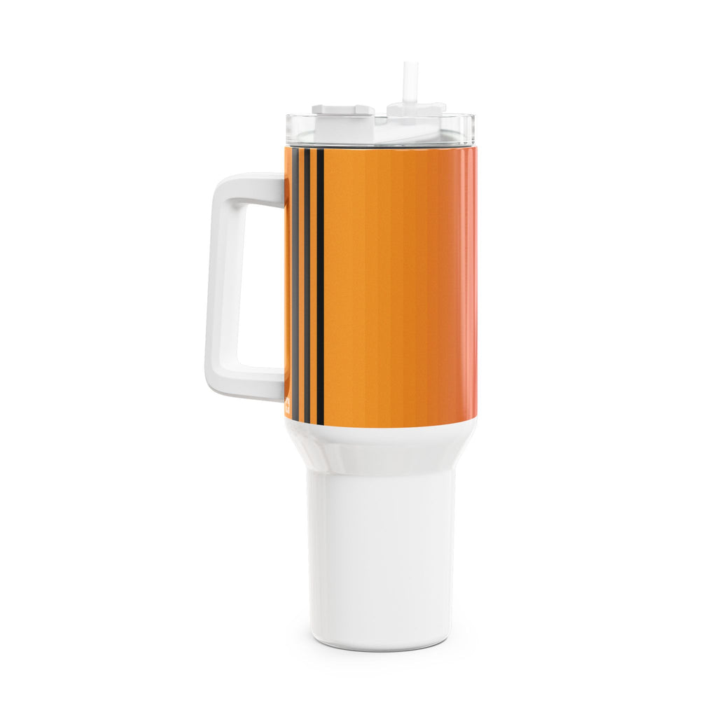 40oz stainless steel travel tumbler with handle and straw, featuring a glossy vertical sunset gradient from purple to orange with black stripes and a small Swiss cross detail.