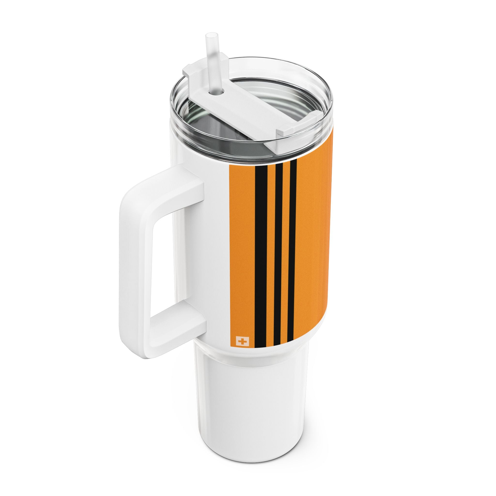 40oz stainless steel travel tumbler with handle and straw, featuring a glossy vertical sunset gradient from purple to orange with black stripes and a small Swiss cross detail.