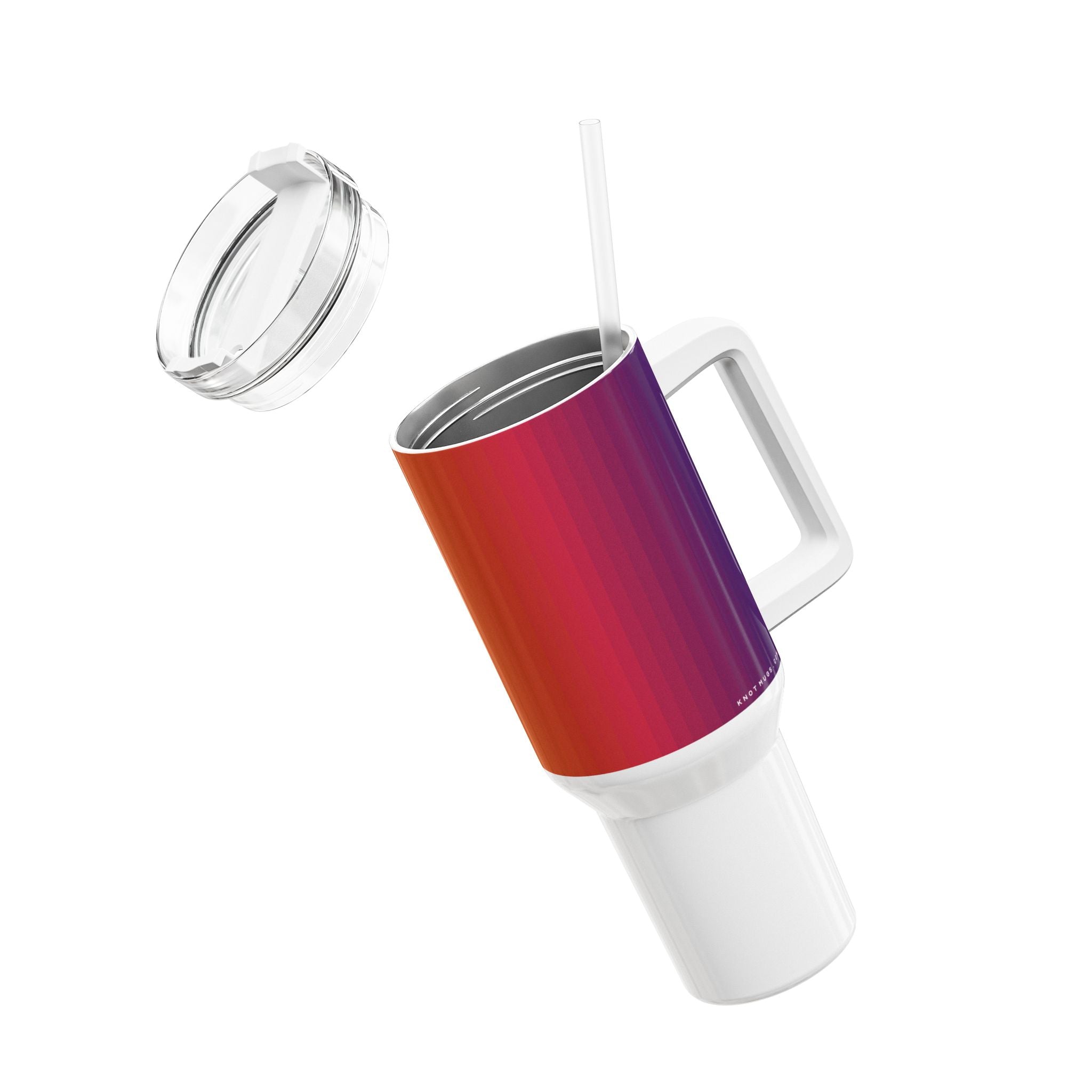 40oz stainless steel travel tumbler with handle and straw, featuring a glossy vertical sunset gradient from purple to orange with black stripes and a small Swiss cross detail.