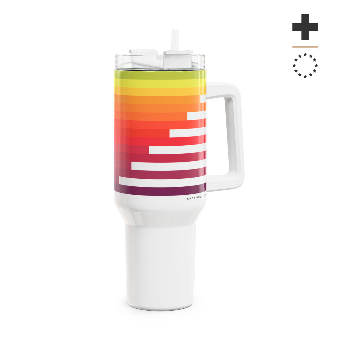 40oz white stainless steel travel tumbler with handle and straw, featuring an abstract geometric mountain peak graphic with a rainbow sunset color gradient from violet to lime green.