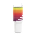 40oz white stainless steel travel tumbler with handle and straw, featuring an abstract geometric mountain peak graphic with a rainbow sunset color gradient from violet to lime green.