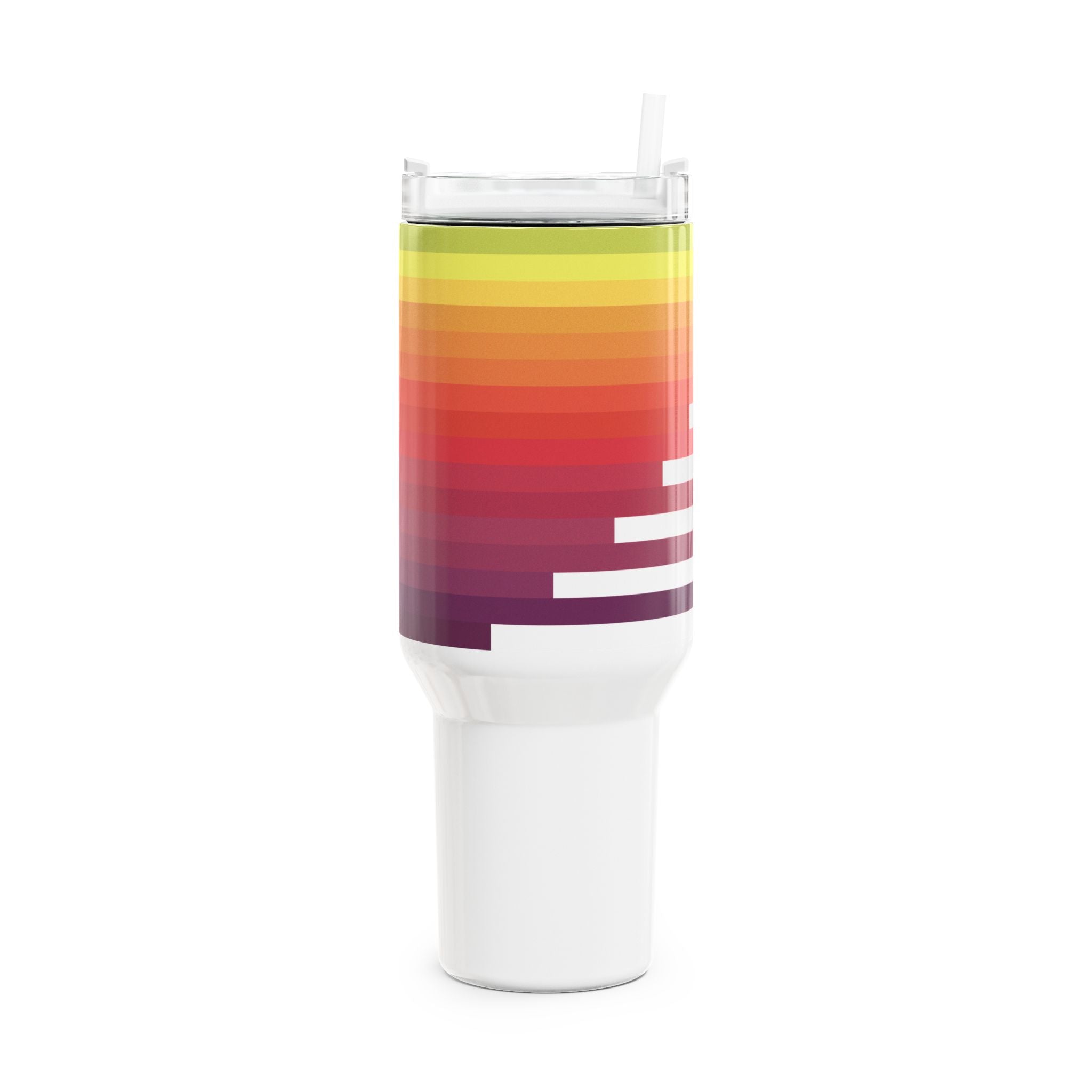40oz white stainless steel travel tumbler with handle and straw, featuring an abstract geometric mountain peak graphic with a rainbow sunset color gradient from violet to lime green.