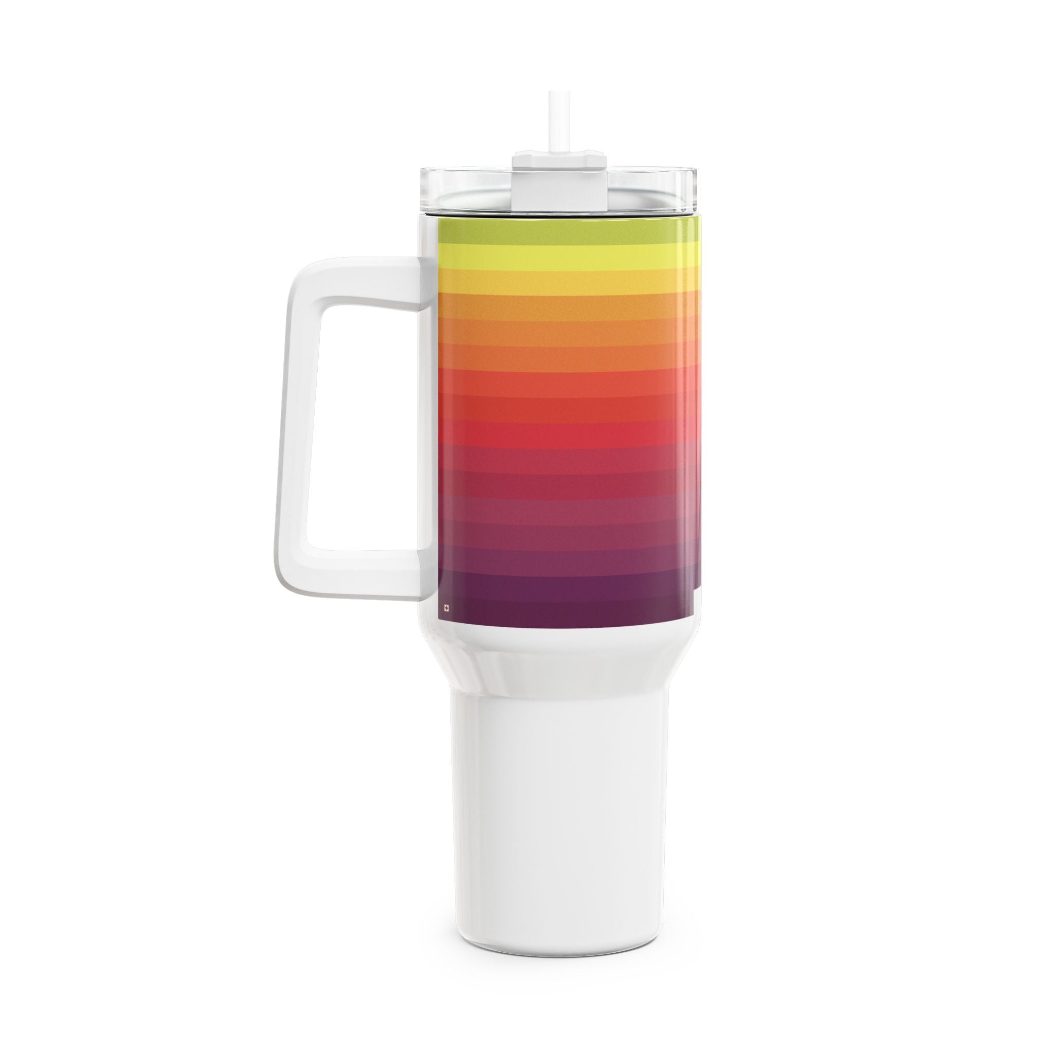 40oz white stainless steel travel tumbler with handle and straw, featuring an abstract geometric mountain peak graphic with a rainbow sunset color gradient from violet to lime green.