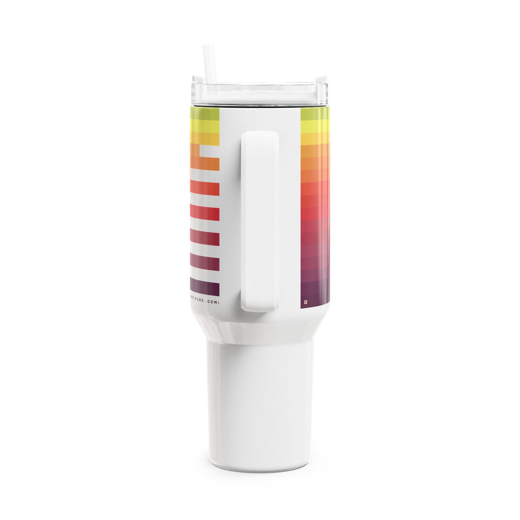 40oz white stainless steel travel tumbler with handle and straw, featuring an abstract geometric mountain peak graphic with a rainbow sunset color gradient from violet to lime green.