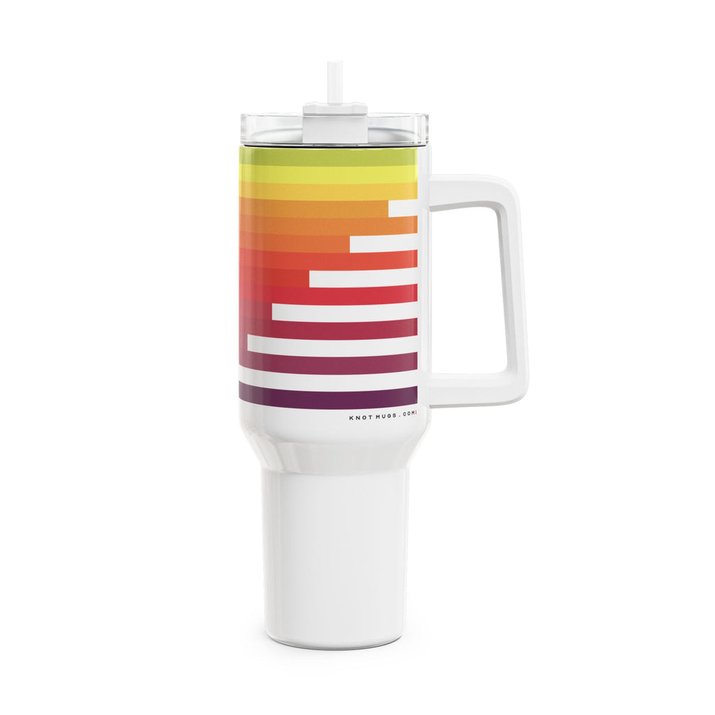 40oz white stainless steel travel tumbler with handle and straw, featuring an abstract geometric mountain peak graphic with a rainbow sunset color gradient from violet to lime green.