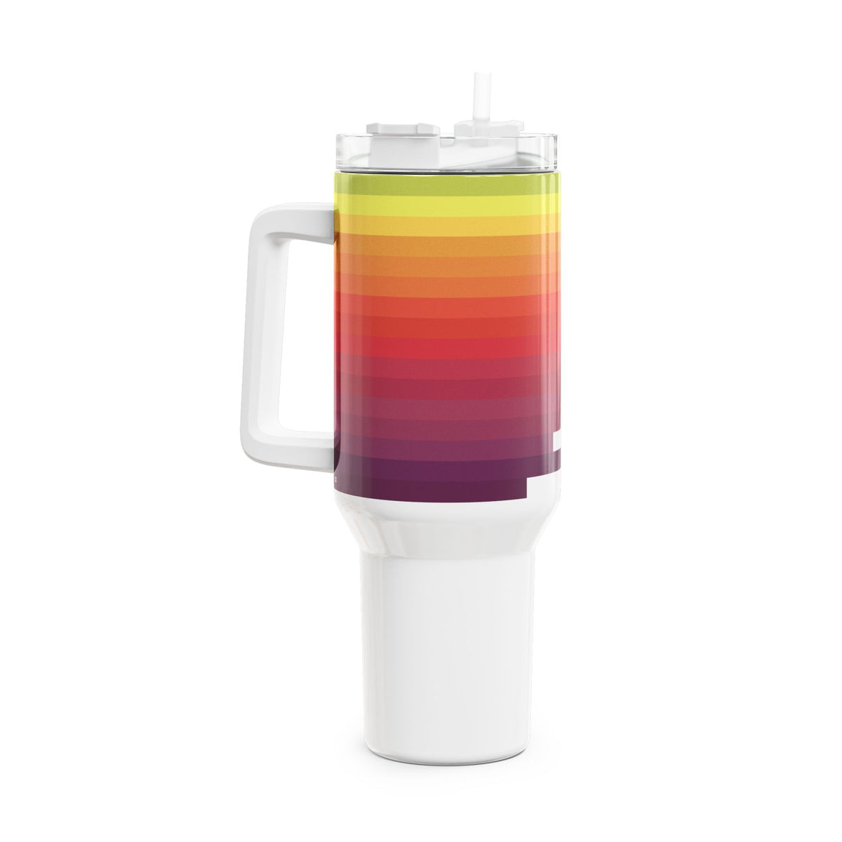 40oz white stainless steel travel tumbler with handle and straw, featuring an abstract geometric mountain peak graphic with a rainbow sunset color gradient from violet to lime green.