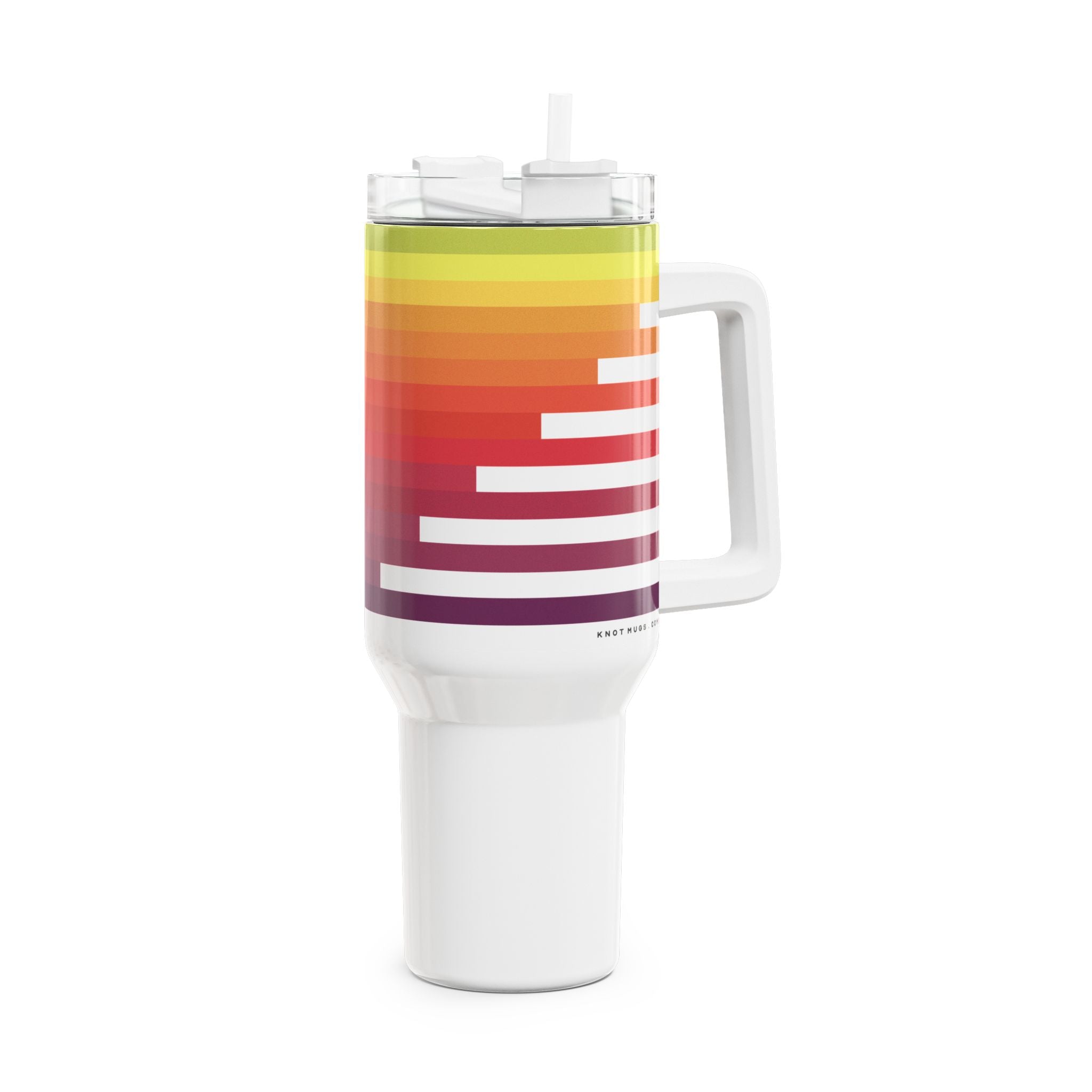 40oz white stainless steel travel tumbler with handle and straw, featuring an abstract geometric mountain peak graphic with a rainbow sunset color gradient from violet to lime green.