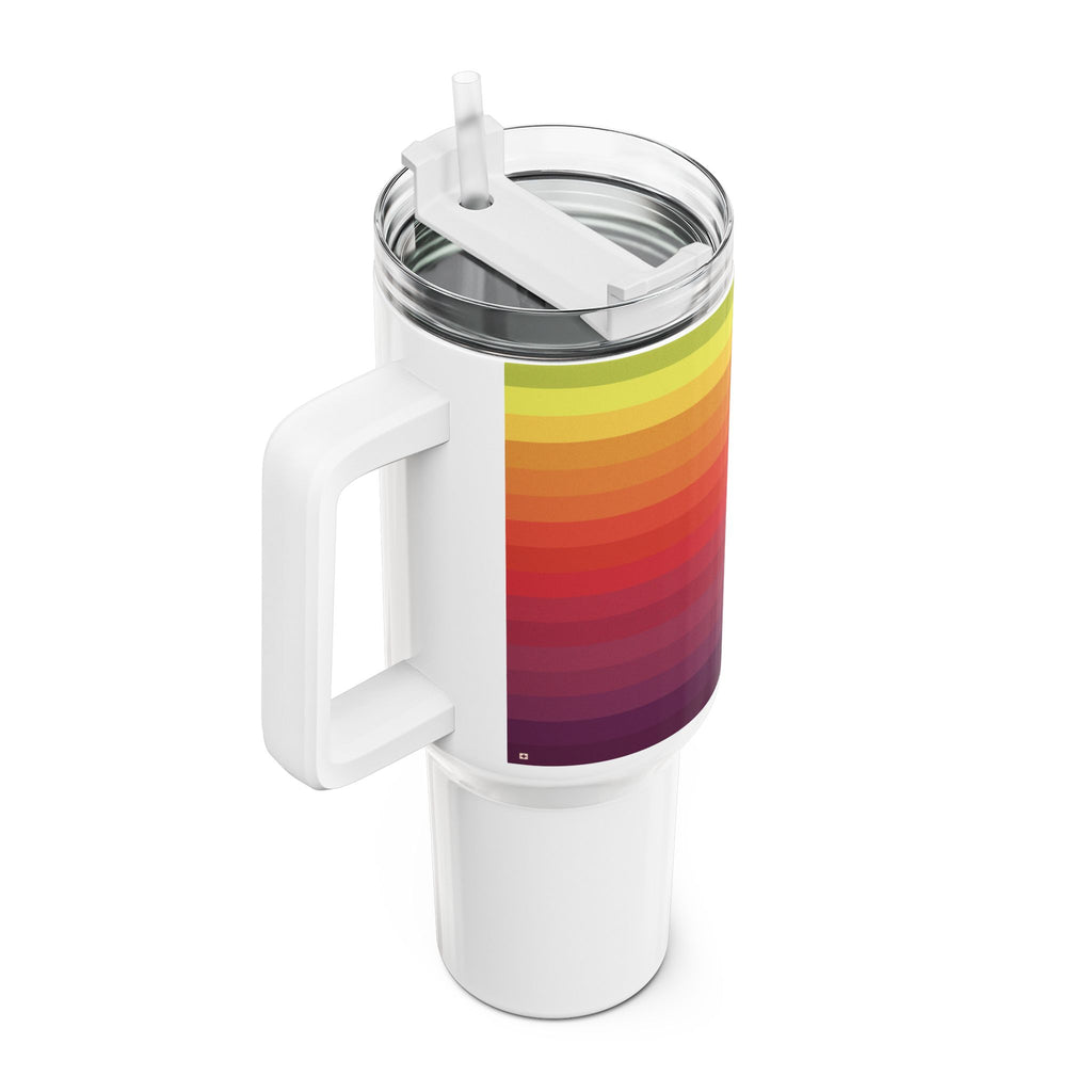 40oz white stainless steel travel tumbler with handle and straw, featuring an abstract geometric mountain peak graphic with a rainbow sunset color gradient from violet to lime green.