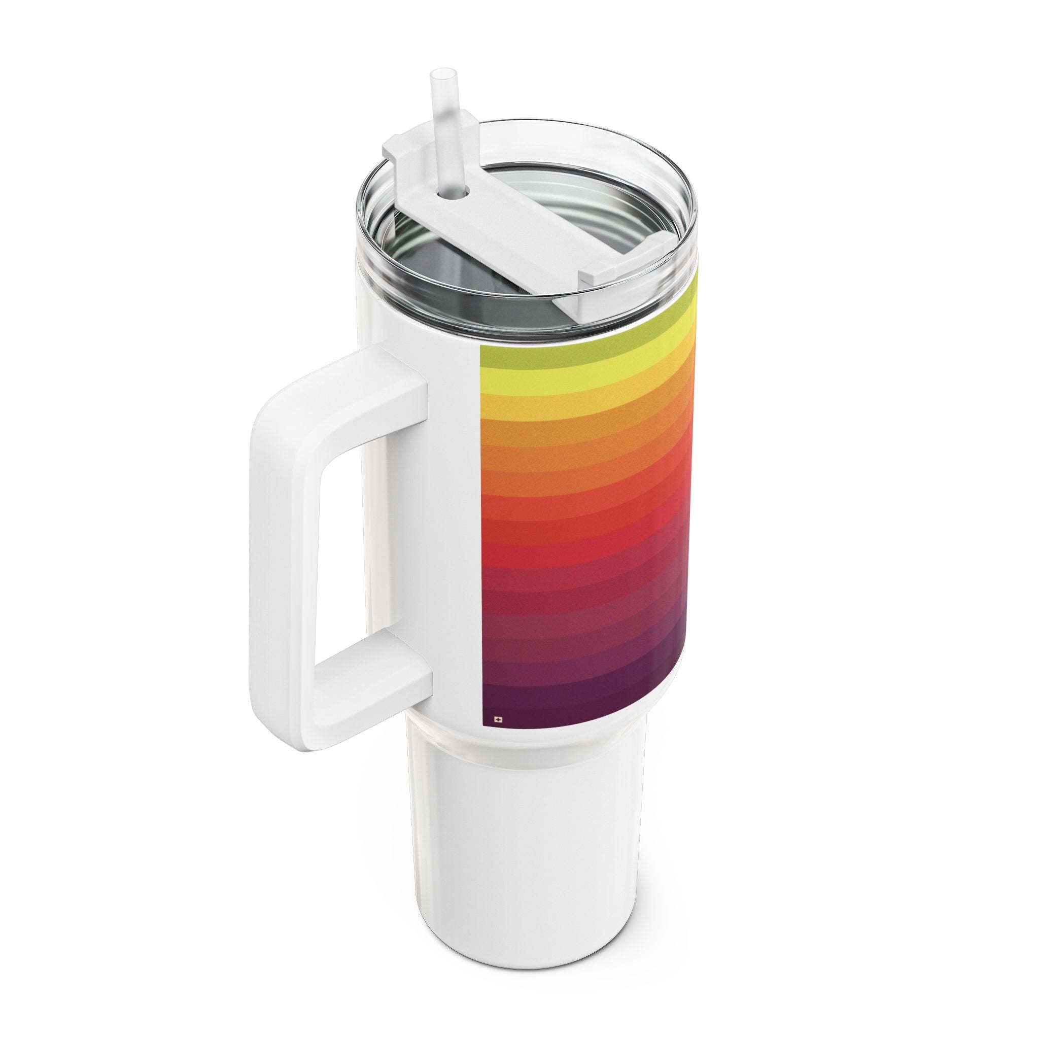 40oz white stainless steel travel tumbler with handle and straw, featuring an abstract geometric mountain peak graphic with a rainbow sunset color gradient from violet to lime green.