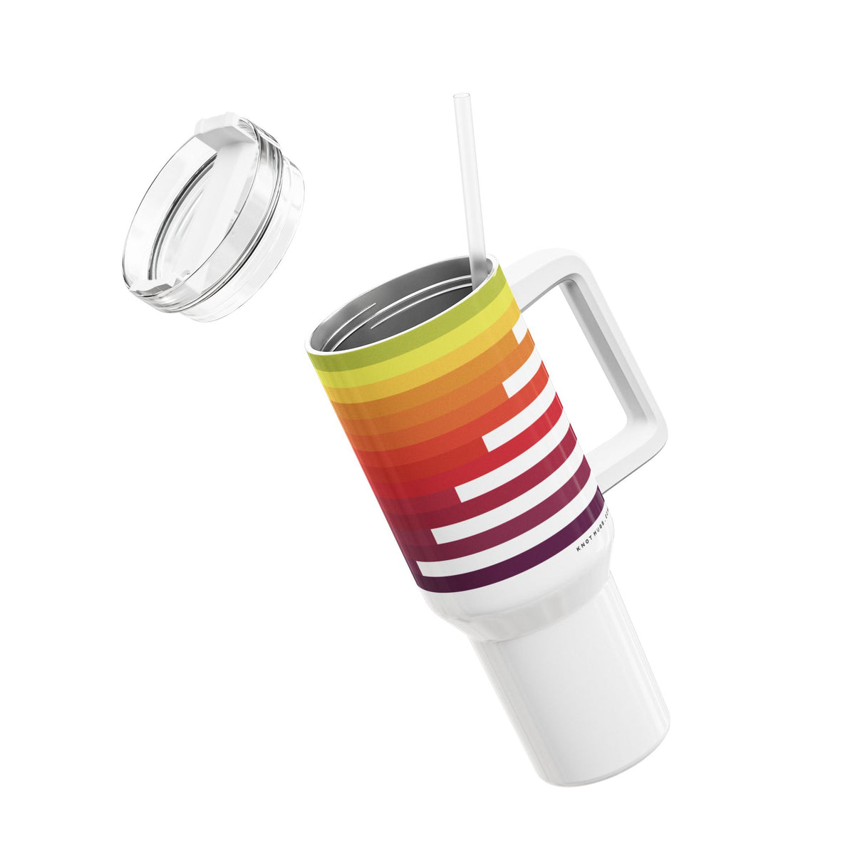 40oz white stainless steel travel tumbler with handle and straw, featuring an abstract geometric mountain peak graphic with a rainbow sunset color gradient from violet to lime green.