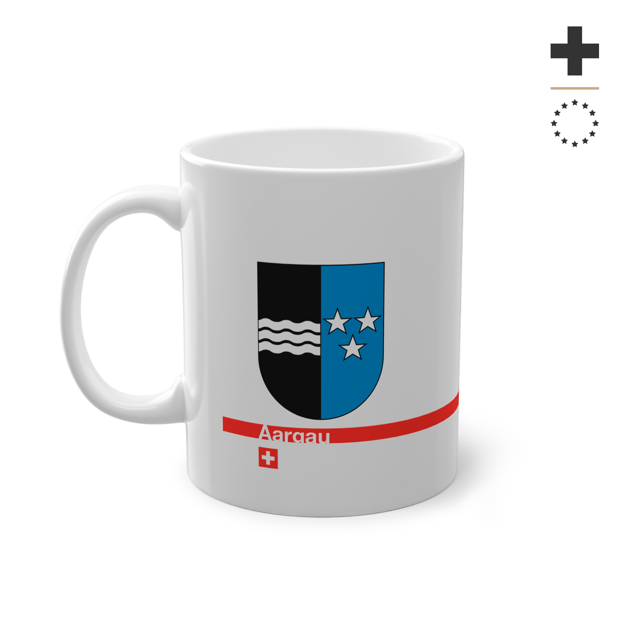 White ceramic mug with the vertically divided coat of arms of the Canton of Aargau (black with silver waves and blue with stars), featuring a modern red line and a small Swiss cross.