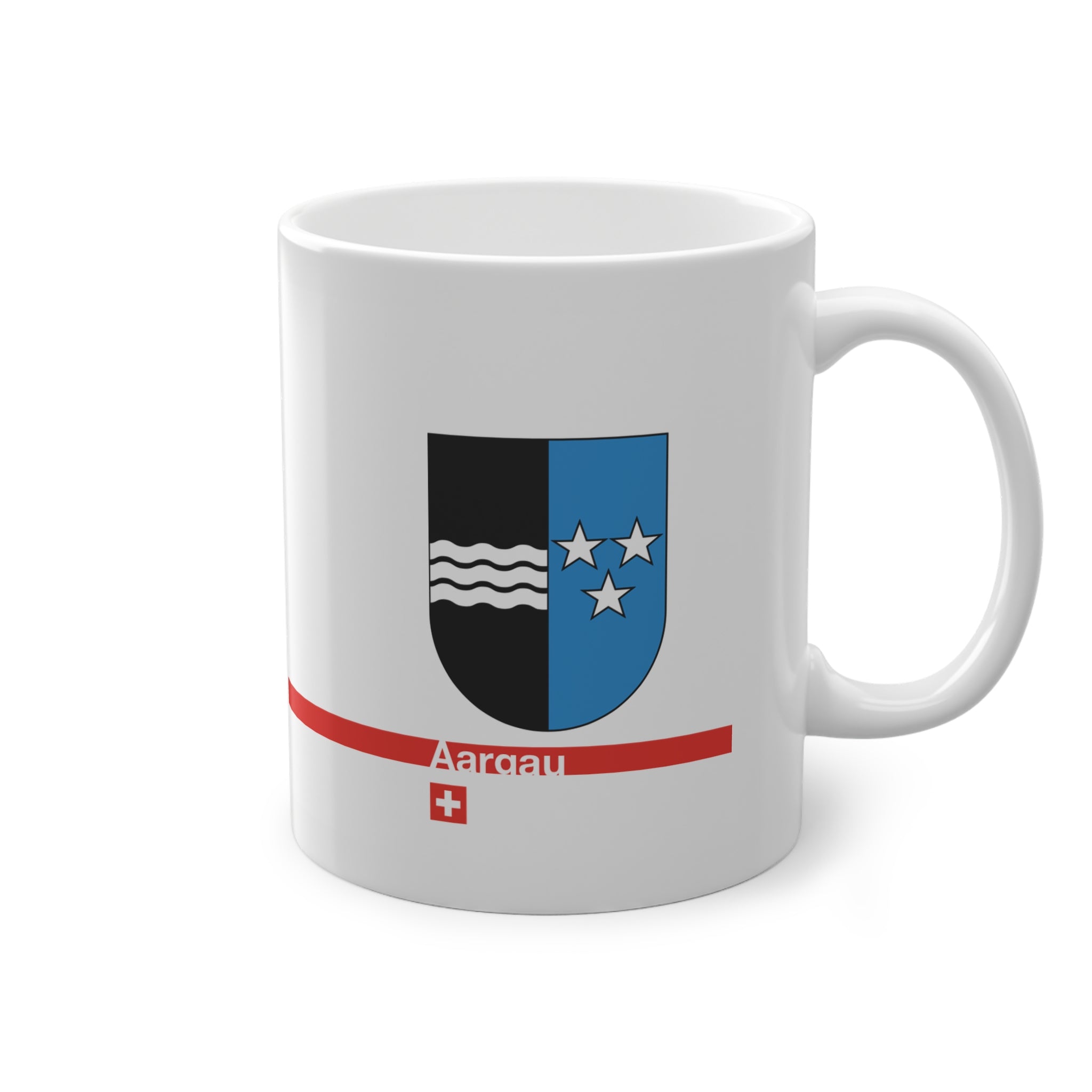 White ceramic mug with the vertically divided coat of arms of the Canton of Aargau (black with silver waves and blue with stars), featuring a modern red line and a small Swiss cross.
