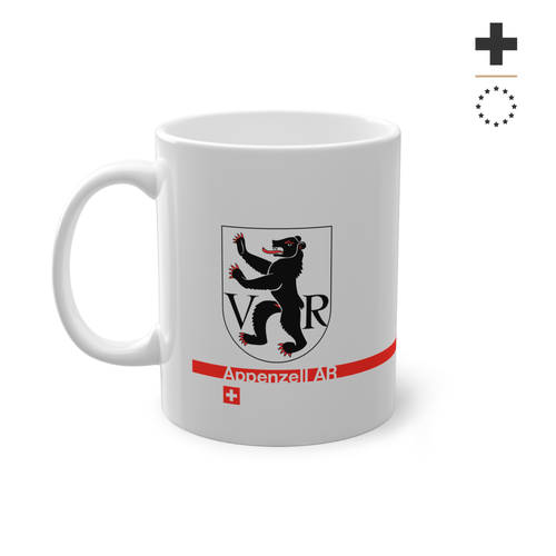 White ceramic mug featuring the black walking bear of the Appenzell Ausserrhoden (AR) coat of arms with the letters V and R, a modern red horizontal line with 'Appenzell AR' text, and a small Swiss cross below.
