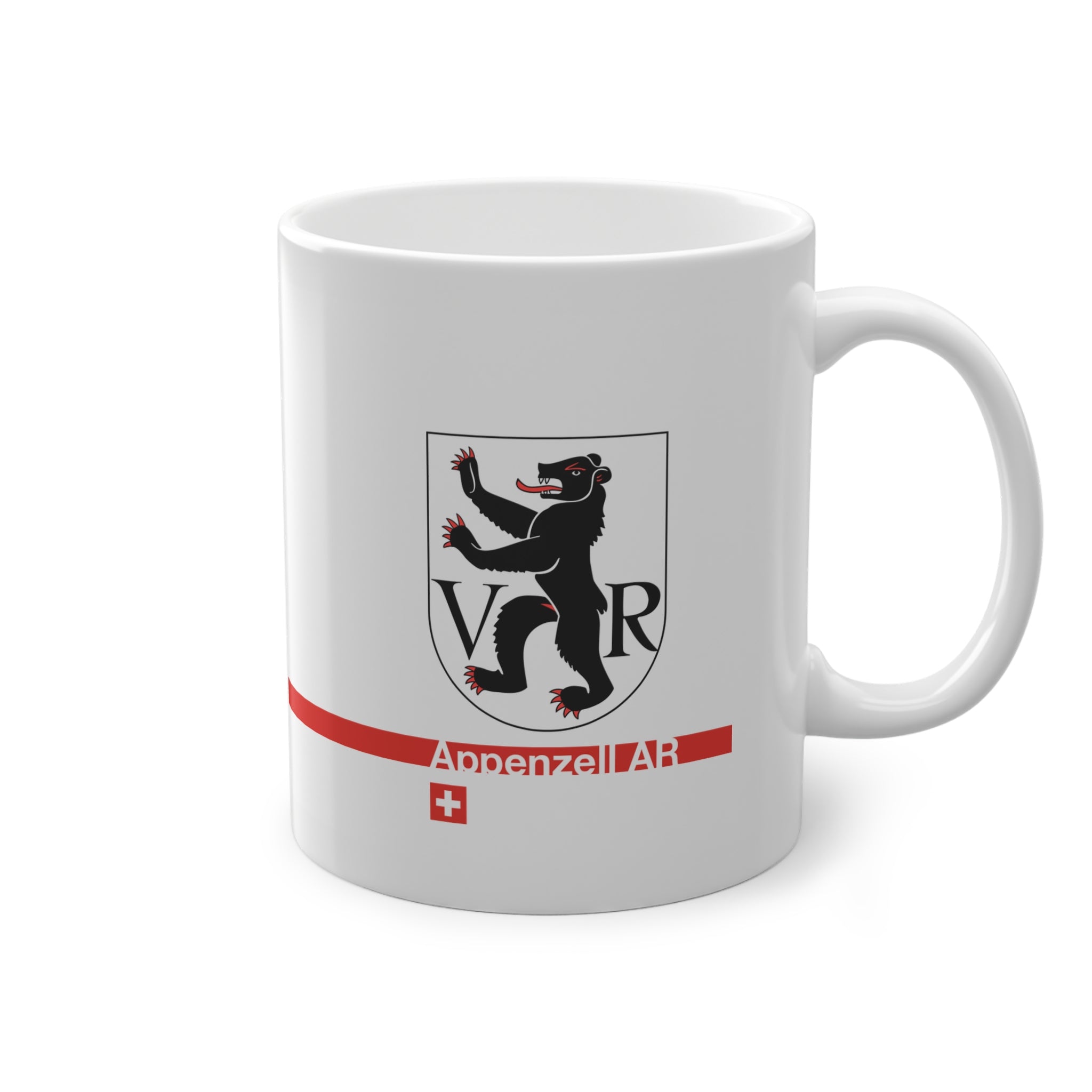 White ceramic mug featuring the black walking bear of the Appenzell Ausserrhoden (AR) coat of arms with the letters V and R, a modern red horizontal line with 'Appenzell AR' text, and a small Swiss cross below.
