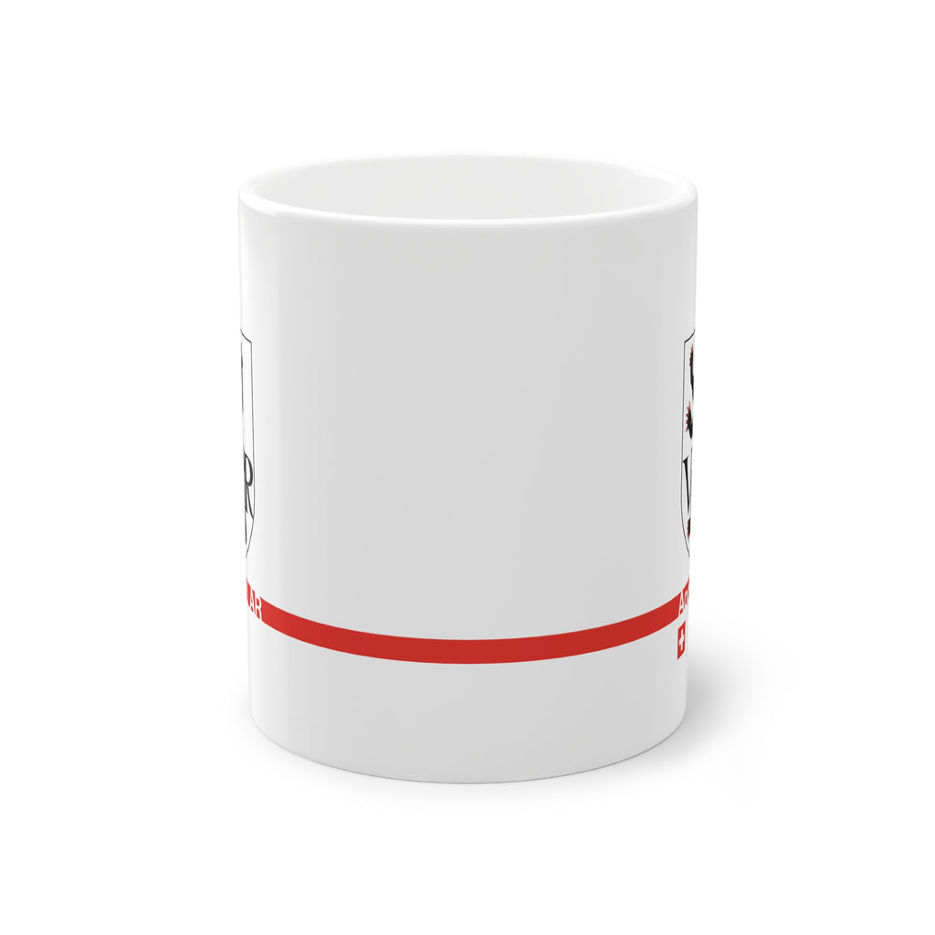 White ceramic mug featuring the black walking bear of the Appenzell Ausserrhoden (AR) coat of arms with the letters V and R, a modern red horizontal line with 'Appenzell AR' text, and a small Swiss cross below.