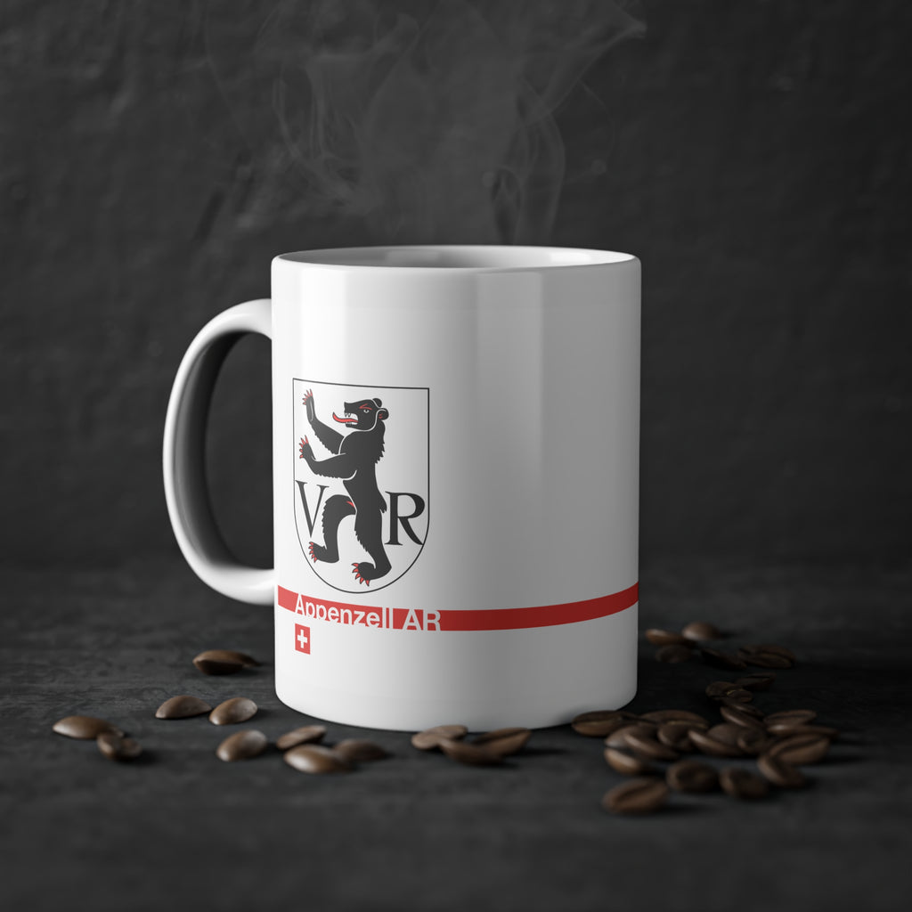 White ceramic mug featuring the black walking bear of the Appenzell Ausserrhoden (AR) coat of arms with the letters V and R, a modern red horizontal line with 'Appenzell AR' text, and a small Swiss cross below.