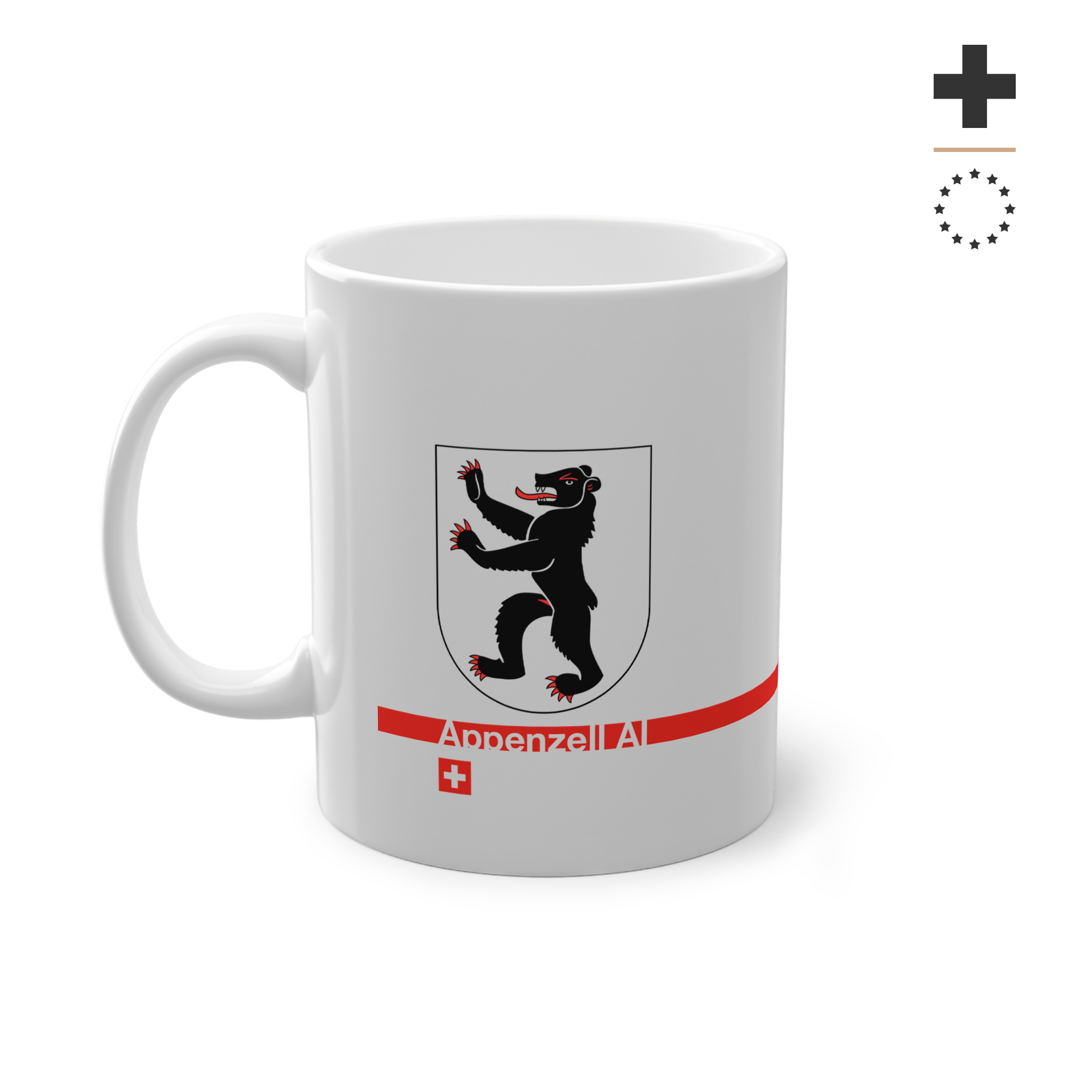 White ceramic mug featuring the black walking bear of the Appenzell Innerrhoden coat of arms, a modern red horizontal line with 'Appenzell AI' text, and a small Swiss cross below.